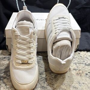 Calvin Klein Women’s White and Cream Retro Runner Sneakers with Gum Outsole